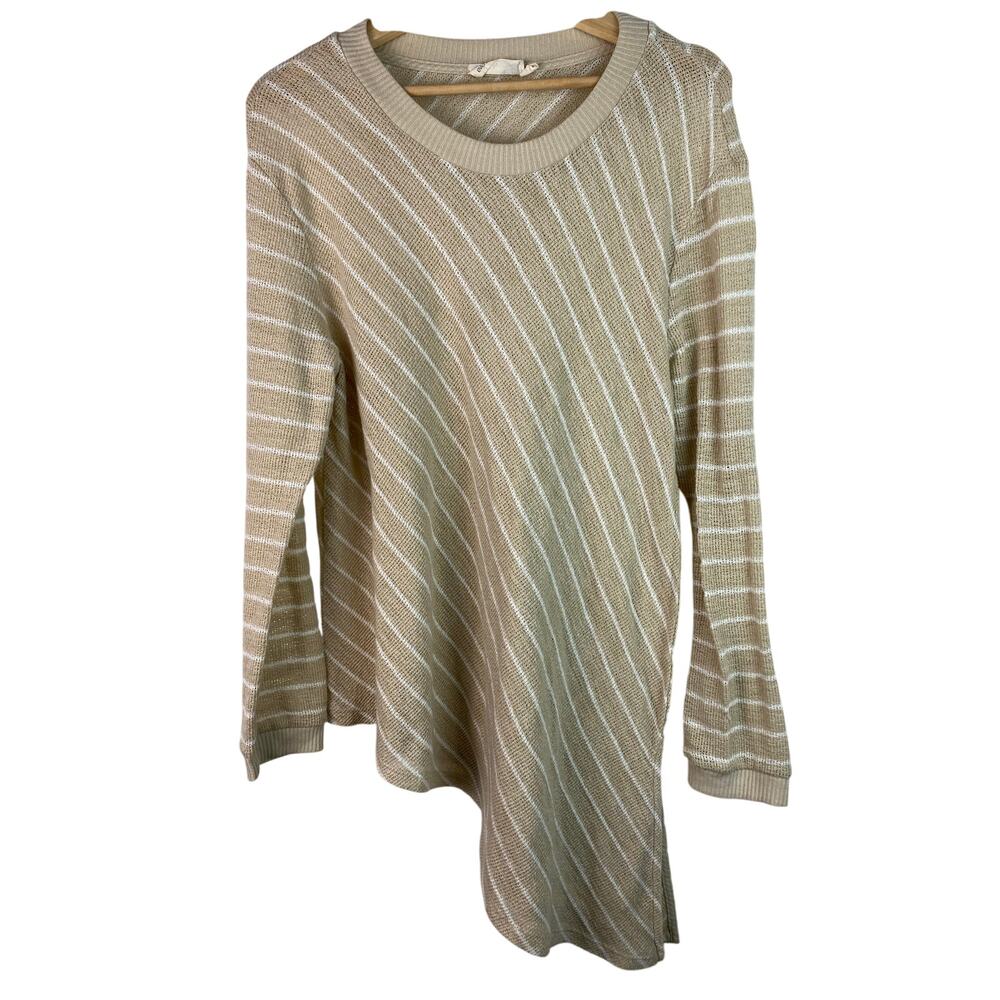 Everleigh Women's L‎ Tan White Striped A-Symmetrical Tunic Sweater *